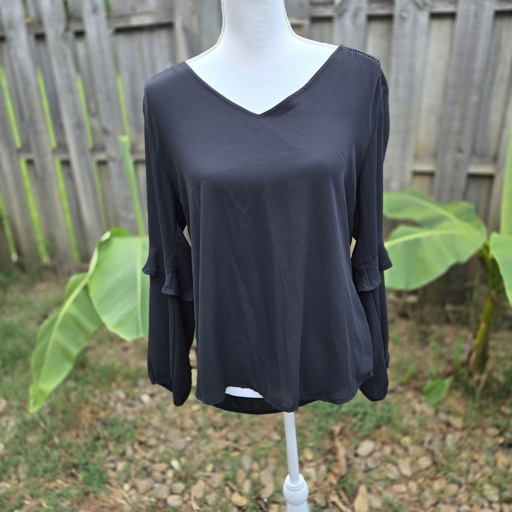 Veronica M Med Black V Neck Blouse With Eyelet Detail And Ruffle Sleeves Sheer